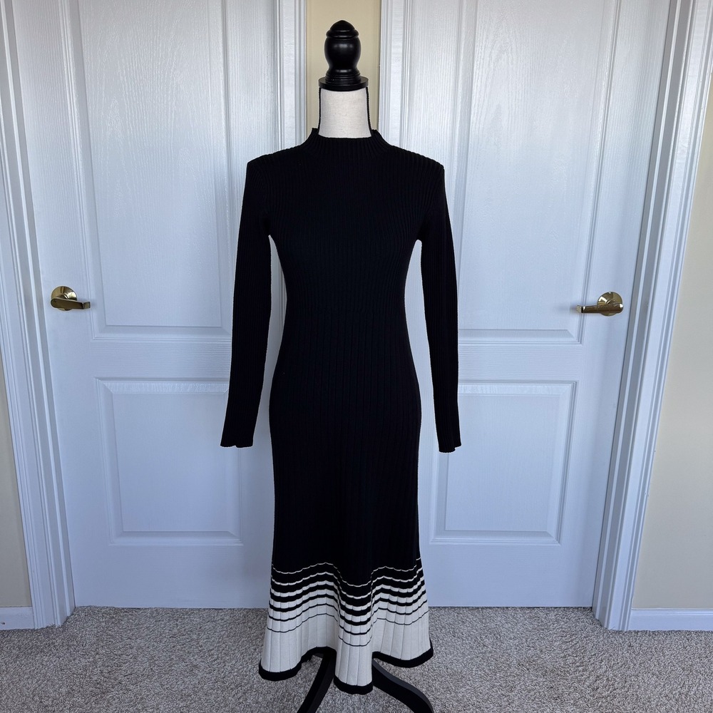 Womens Ribbed Mock Neck Long Sleeve Midi Sweater Dress Striped Hem Black White